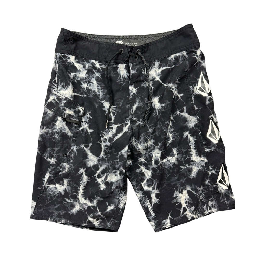 Volcom Deadly Stones Board Shorts Men 28 Black White 9" Surfer Cargo Pocket